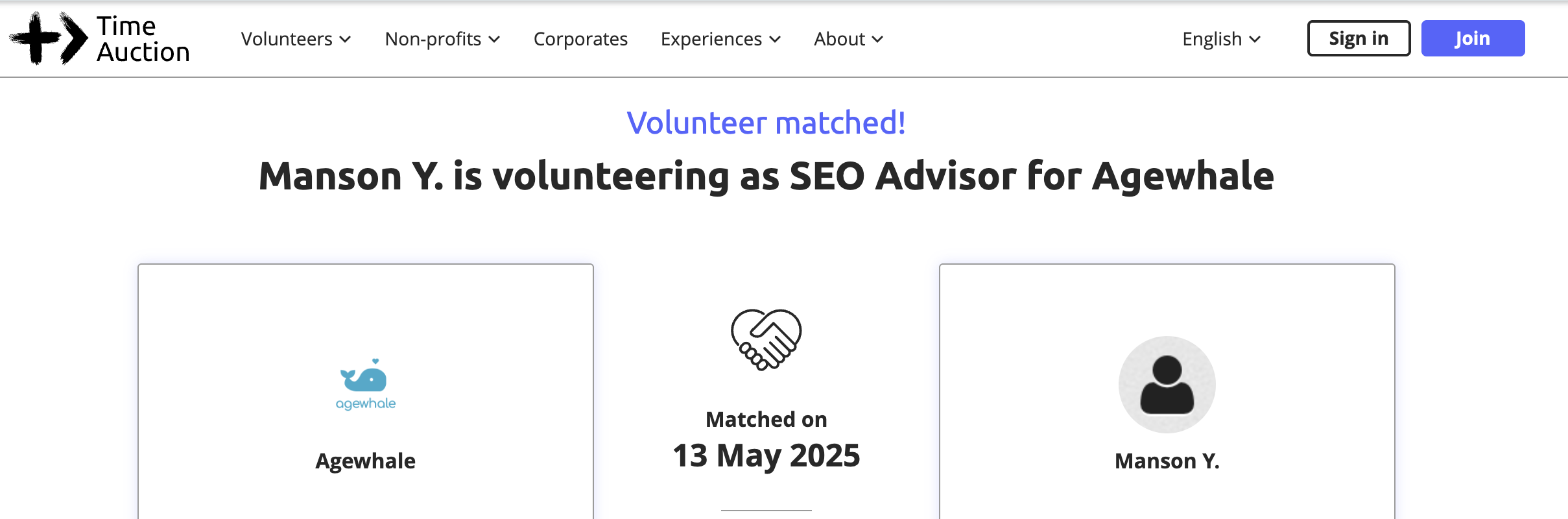 Time Auction volunteer match for Manson as an SEO advisor to Agewhale