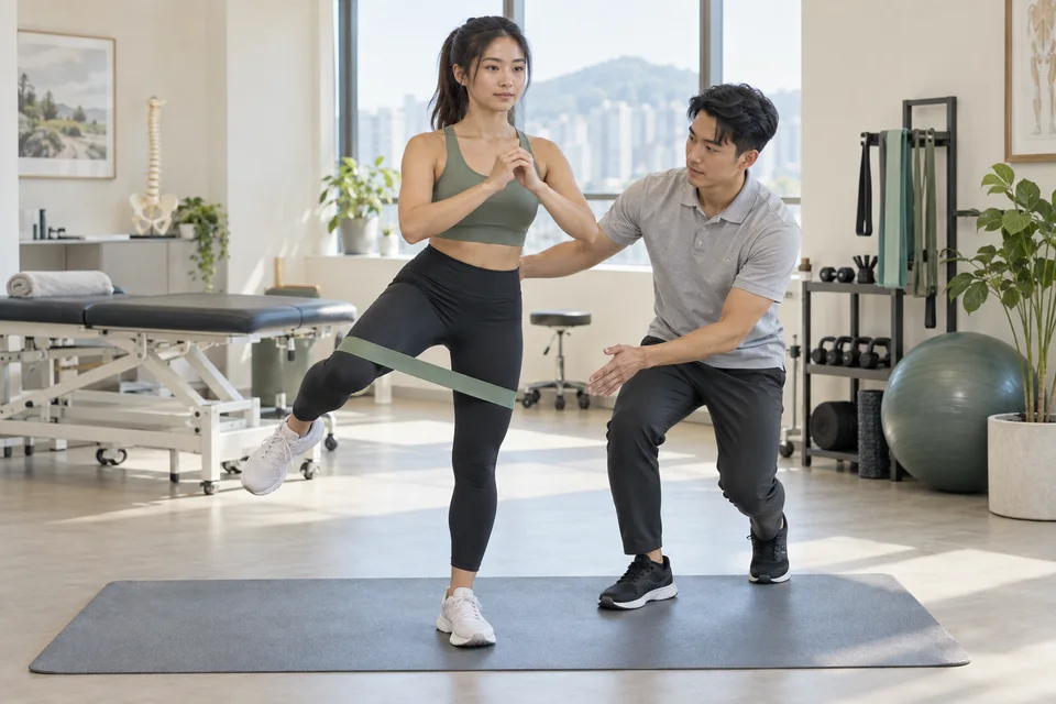 Young athlete doing a guided balance exercise with a physiotherapist in a clinic