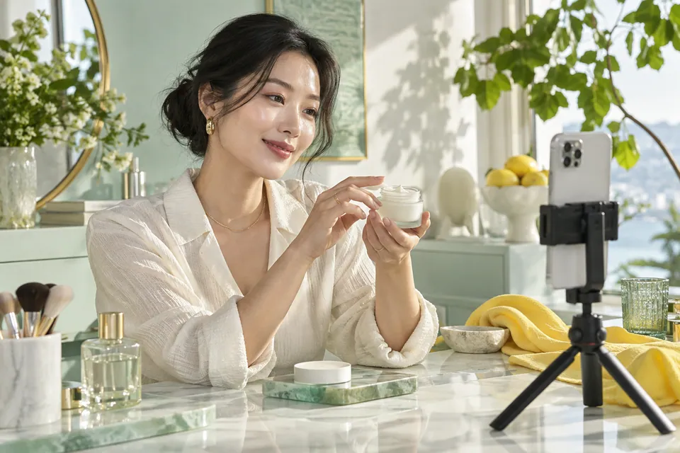 Illustrative East Asian beauty creator demonstrating a skincare product to a phone camera