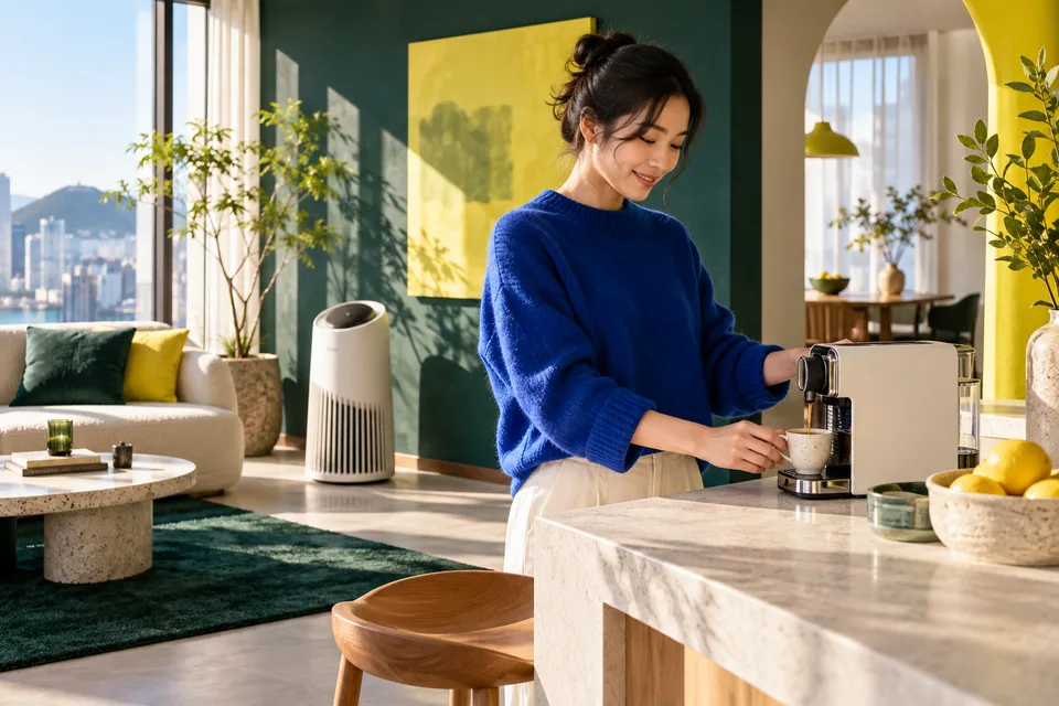 Illustrative home appliance scene with a customer using a coffee machine