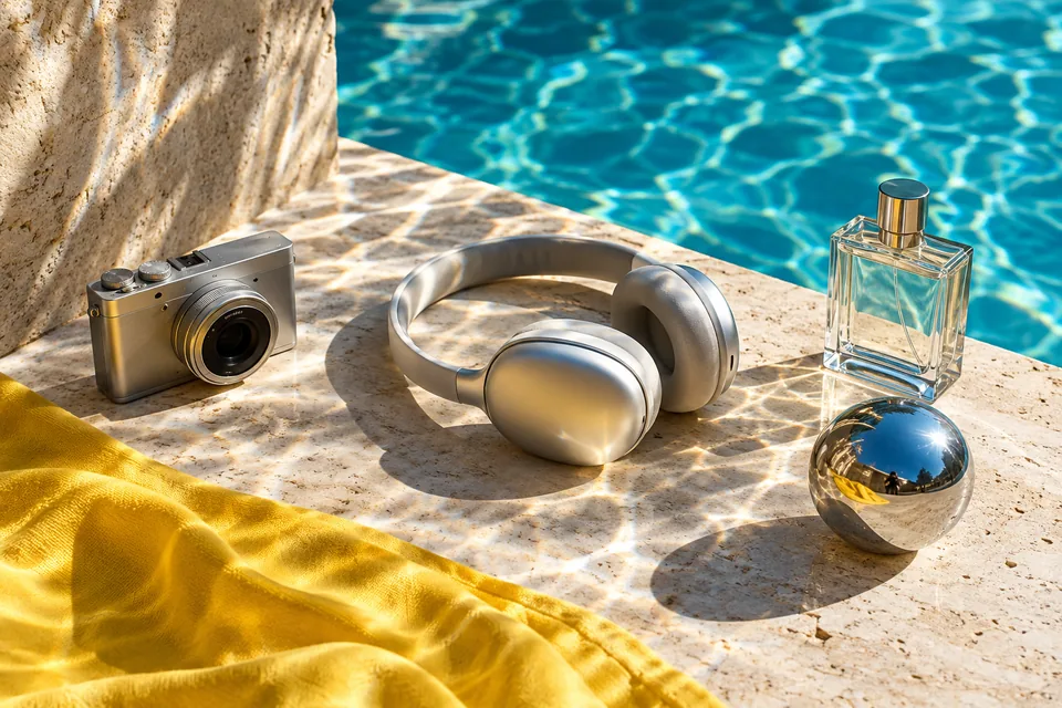 Illustrative still life of beauty products and gadgets in sunlight beside water