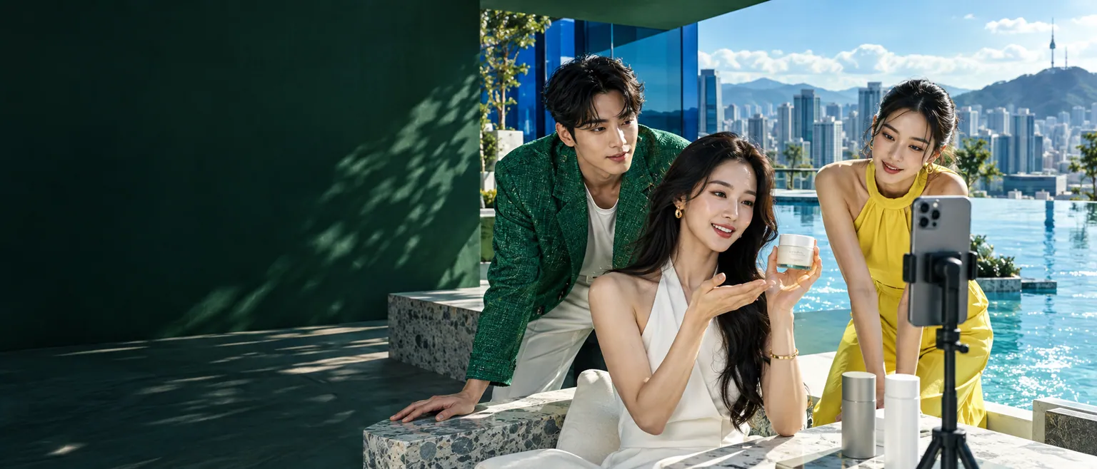 Illustrative adult East Asian creators filming a beauty product beside a vivid rooftop pool