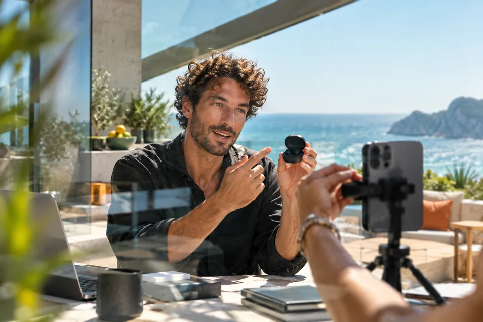 Illustrative Western creator filming a gadget demonstration in a sunlit rooftop studio