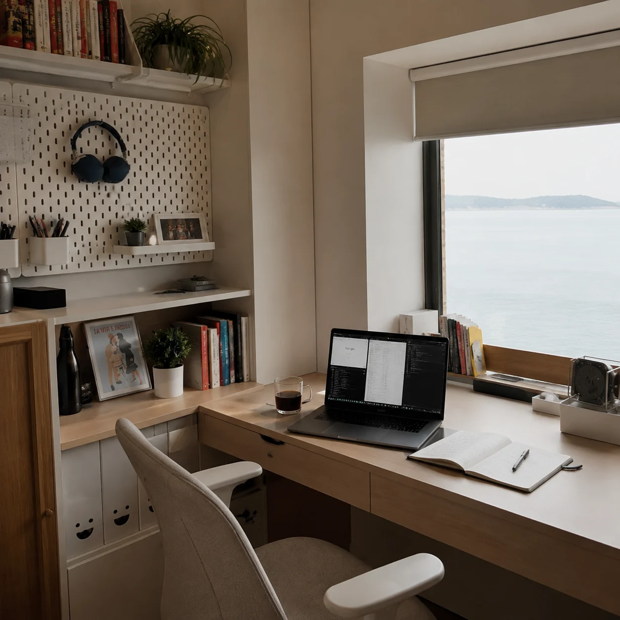 A home study with white shelving, a black MacBook Air, glass coffee and a quiet sea view