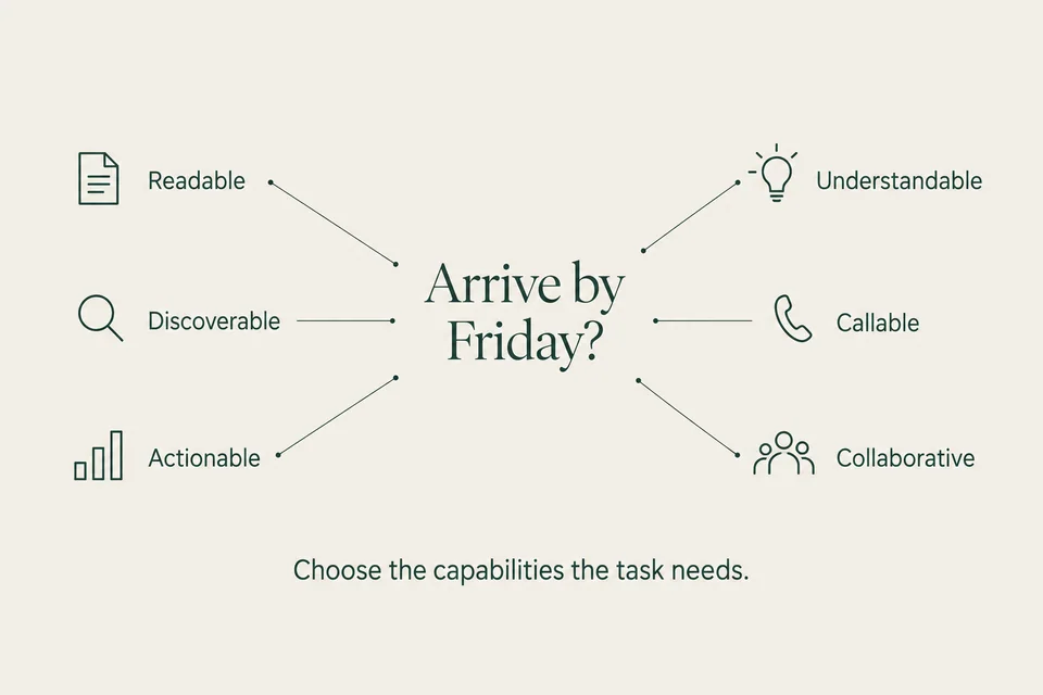 Editorial diagram connecting a Friday-delivery task to six optional capabilities: readable, understandable, discoverable, callable, actionable and collaborative.