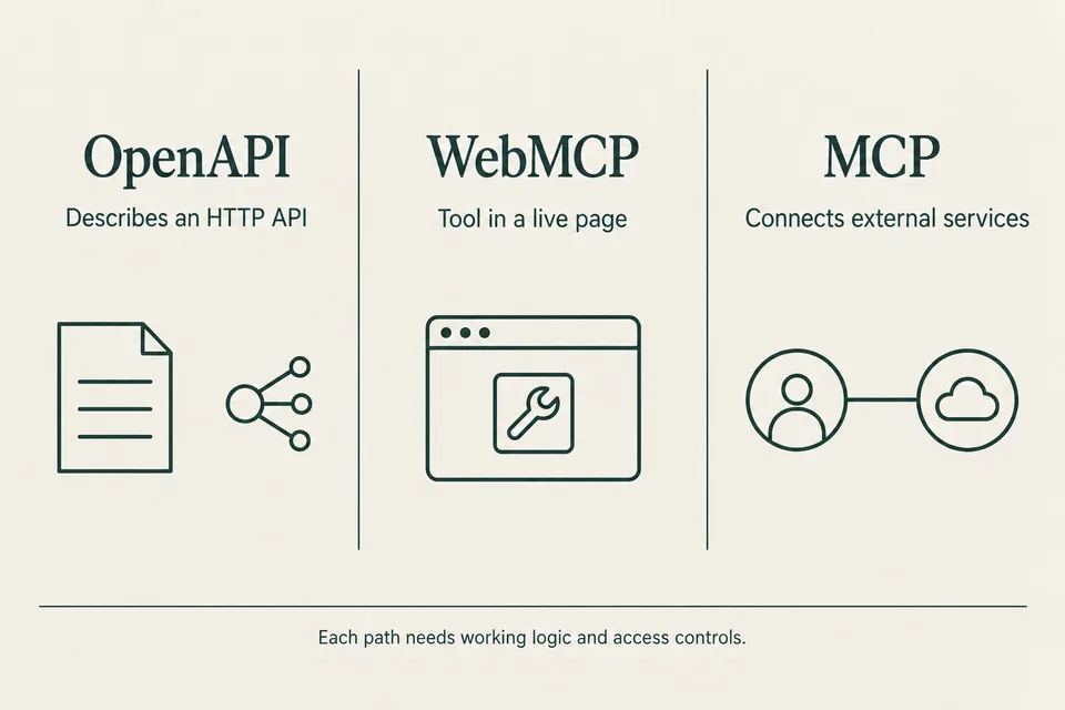 Three-lane comparison: OpenAPI describes an HTTP API, WebMCP offers a tool in a live page, and MCP connects an AI application to external services.