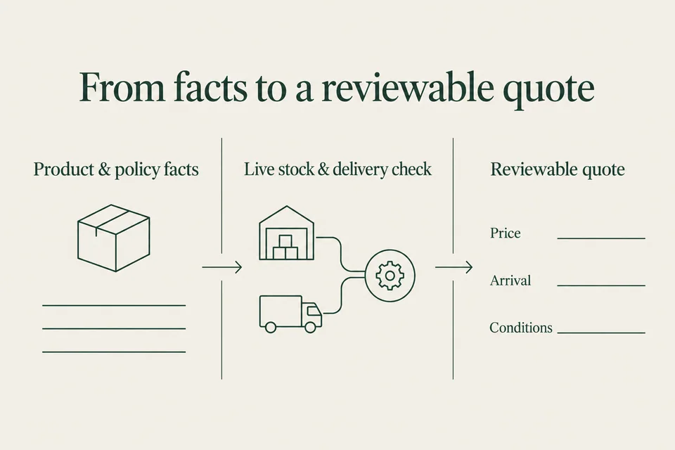 Editorial flow from product and policy facts through live stock and delivery checks to a reviewable quote with price, arrival and conditions.