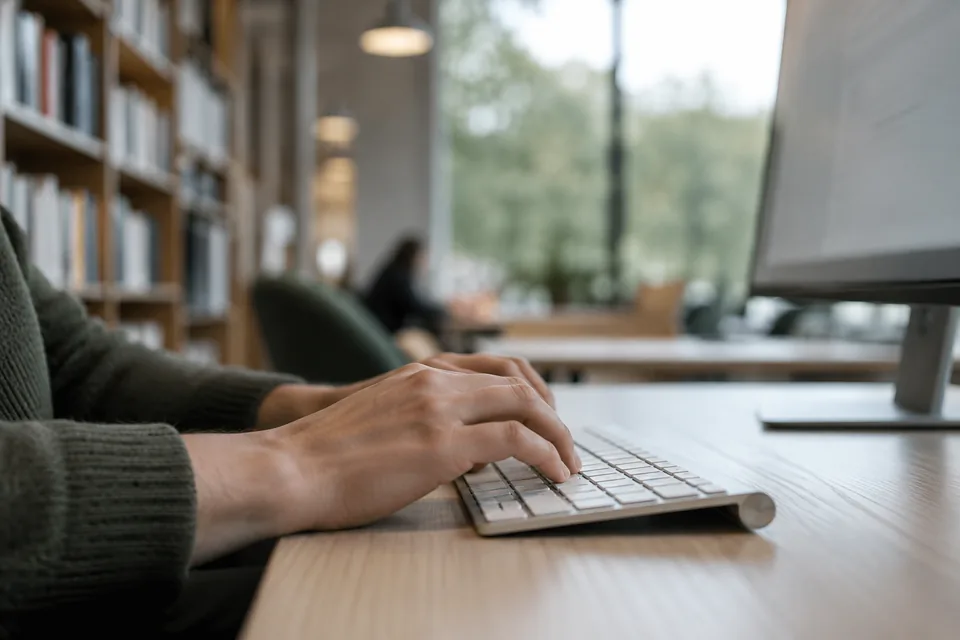 A person uses a keyboard in a quiet workspace; the screen is out of focus.