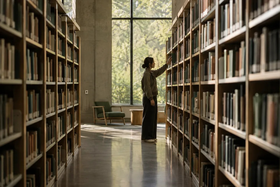 A person reaches for a volume among shelves in a quiet library.