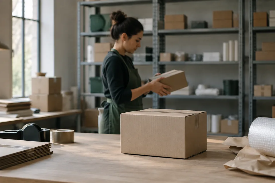 A worker checks an unbranded parcel in a small fulfilment workspace.