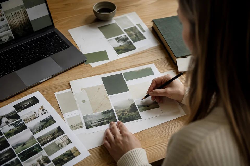 A content designer reviewing page layouts and visual material