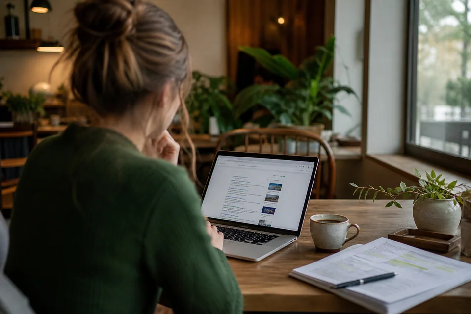 A researcher examining search results and notes at a cafe table