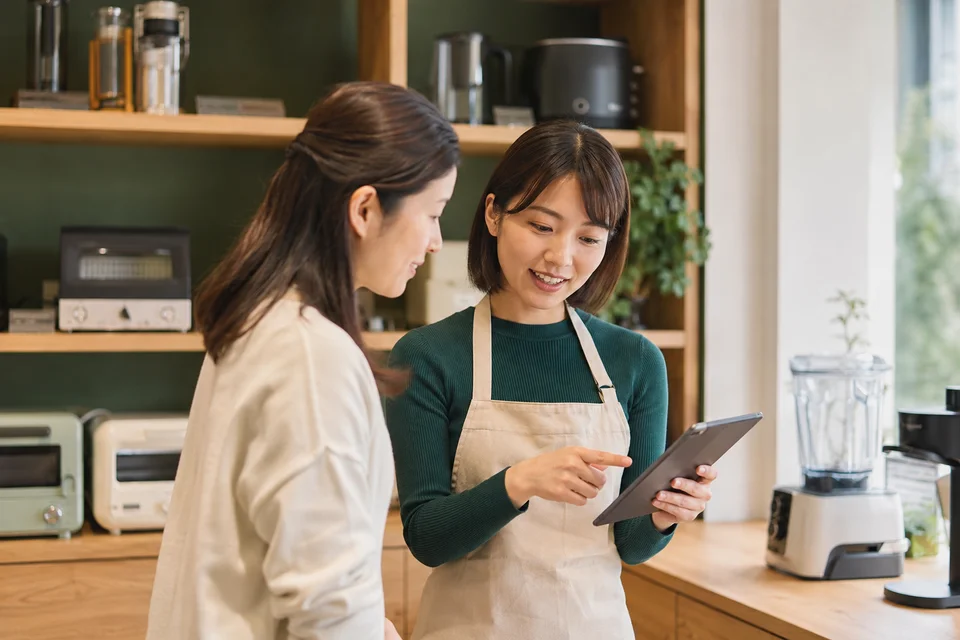 A showroom specialist discussing an appliance purchase with a customer