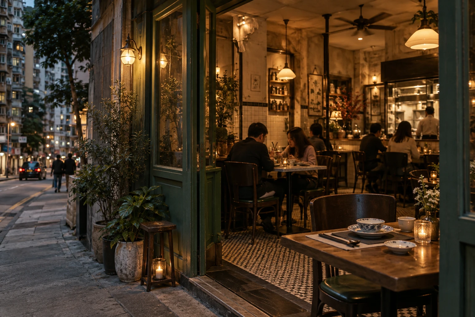 Illustrated Hong Kong neighbourhood restaurant, with a warmly lit entrance opening onto the street.
