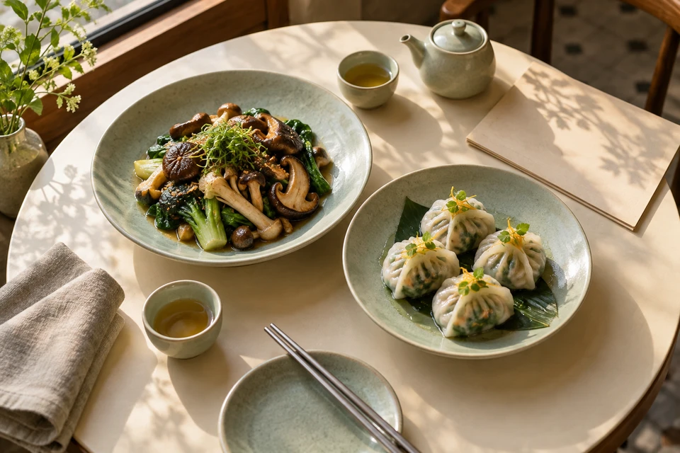 Editorial illustration of vegetable dishes and tea on a small restaurant table.