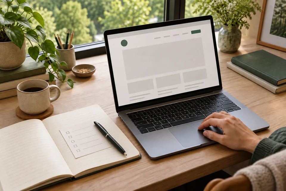 A laptop displaying an empty page layout beside a notebook and diagnostic checklist