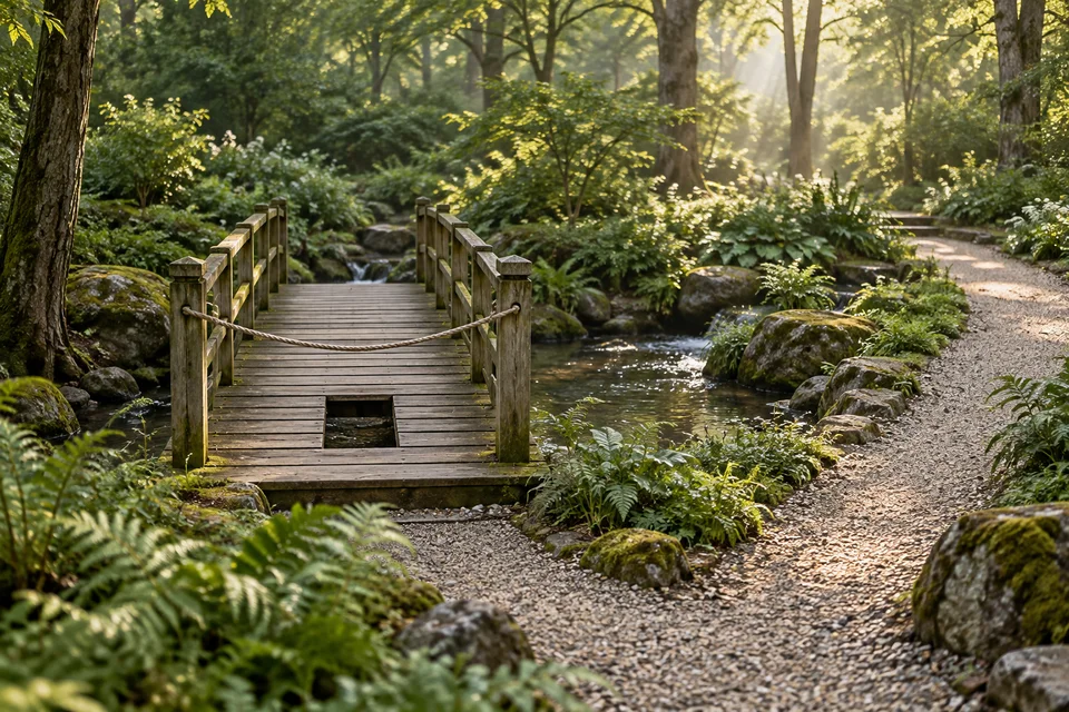 A wooden footbridge closed by a rope, with a separate gravel path beside it