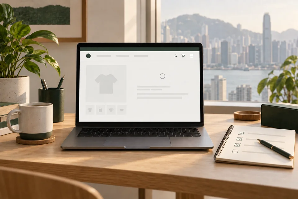 A laptop showing an ecommerce product page with its main details area still loading beside a diagnostic checklist