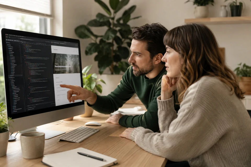 A developer and SEO specialist investigating a website together