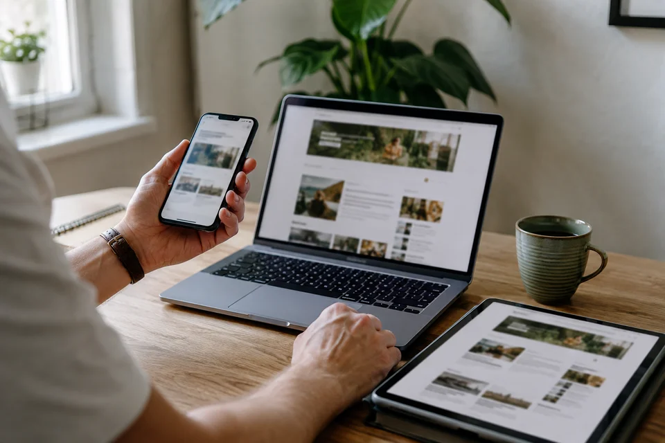 A website being tested on a phone, tablet and laptop