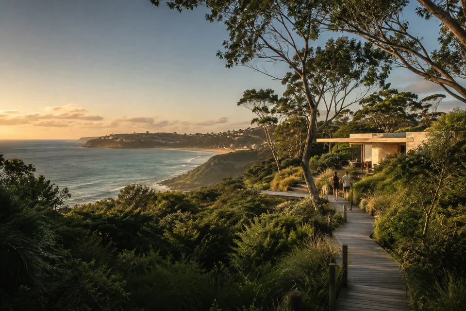 Imagined Australian coastal boardwalk through eucalyptus and grasses, with walkers and contemporary sandstone architecture