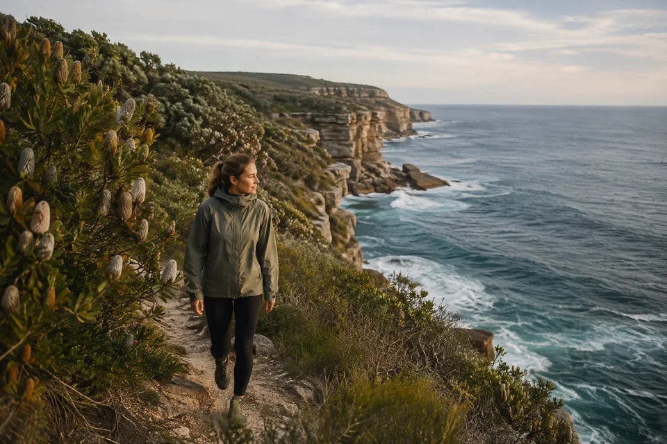 A walker among Australian coastal banksia and sandstone cliffs overlooking the ocean