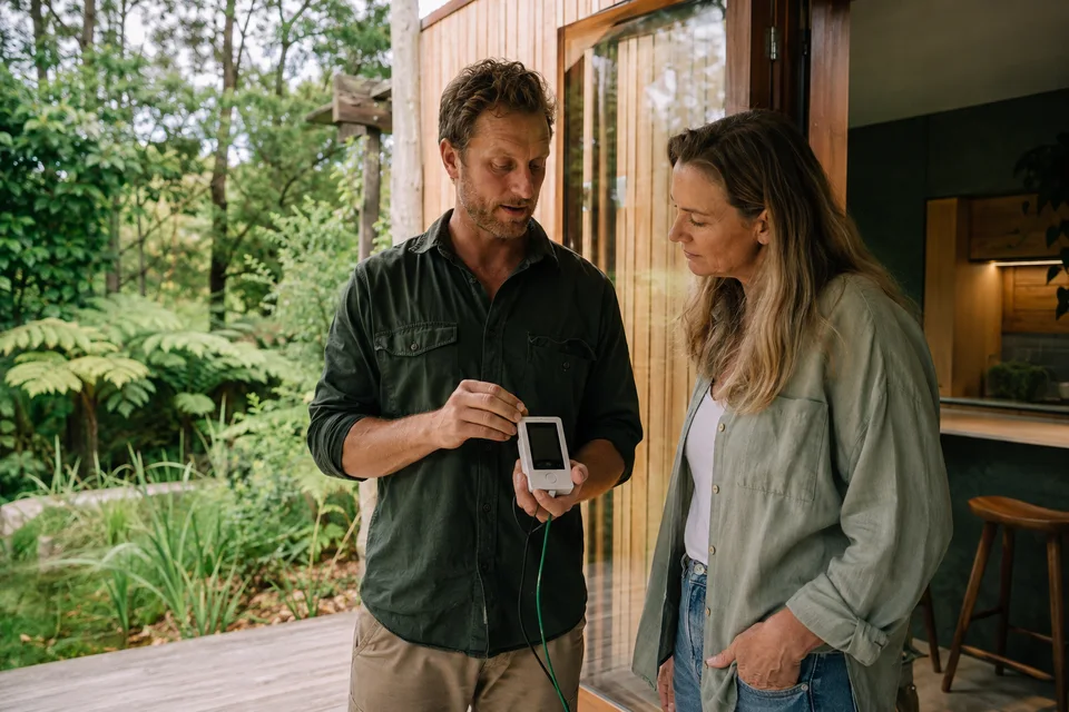Australian service specialist explaining a home energy device to a customer beside a native garden