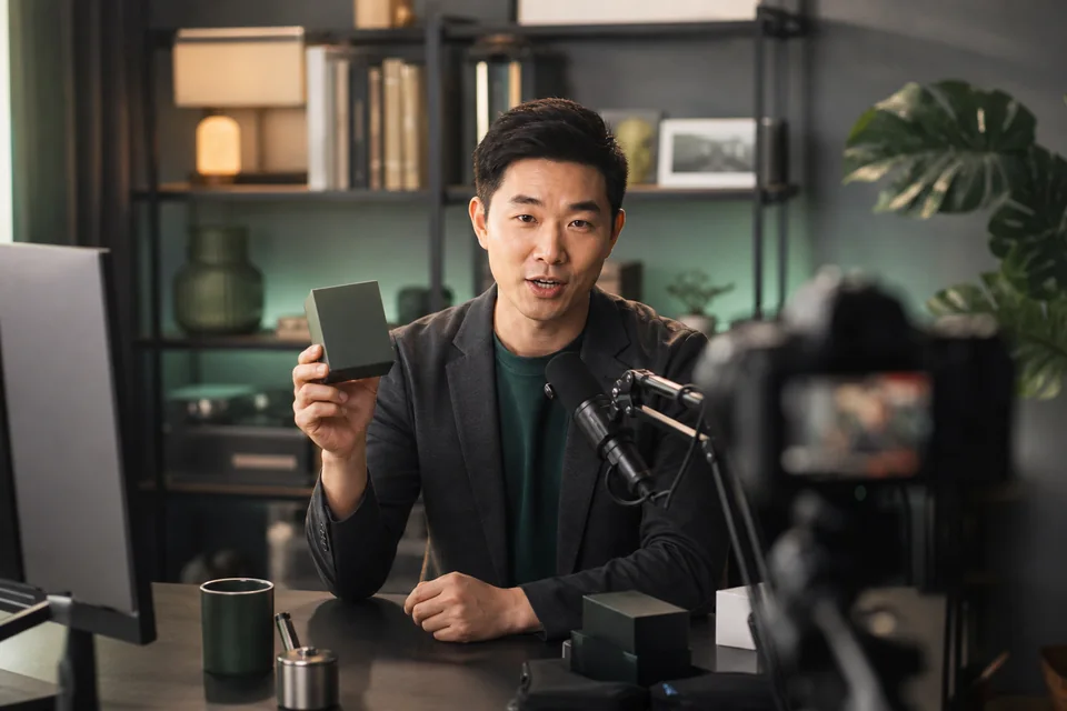 Hong Kong content creator presenting a product during a studio livestream