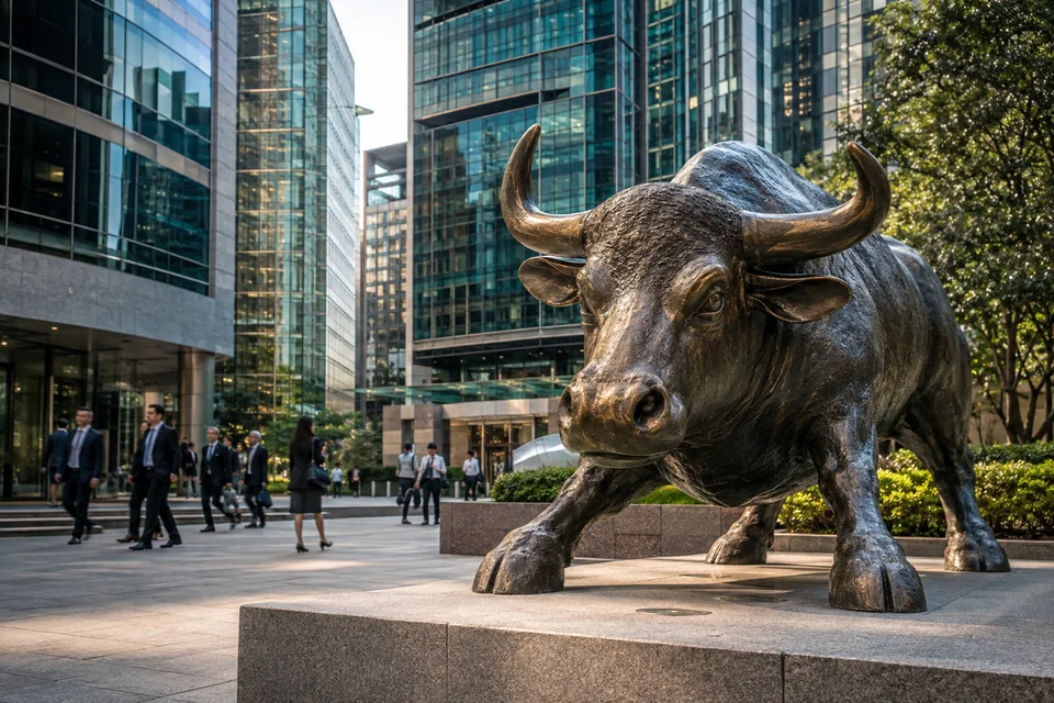 Bronze bull in a plaza framed by Hong Kong financial-district towers and passing professionals
