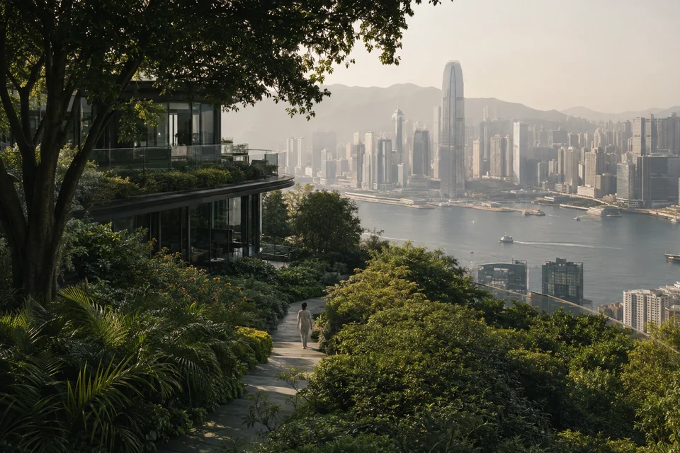 Lush rooftop gardens, a pedestrian and Hong Kong harbour architecture in morning light