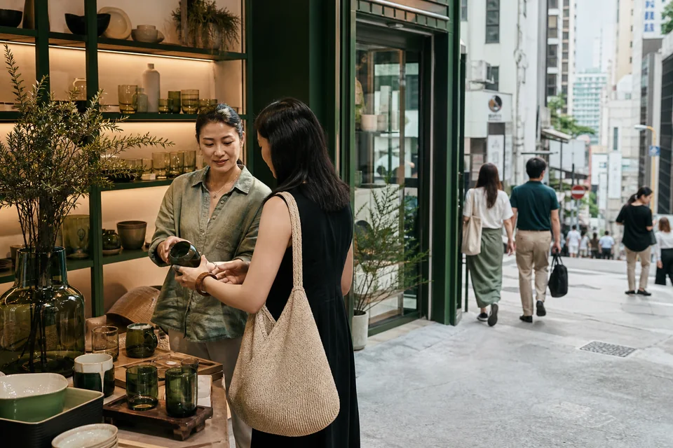 Hong Kong shop owner helping a customer choose a product