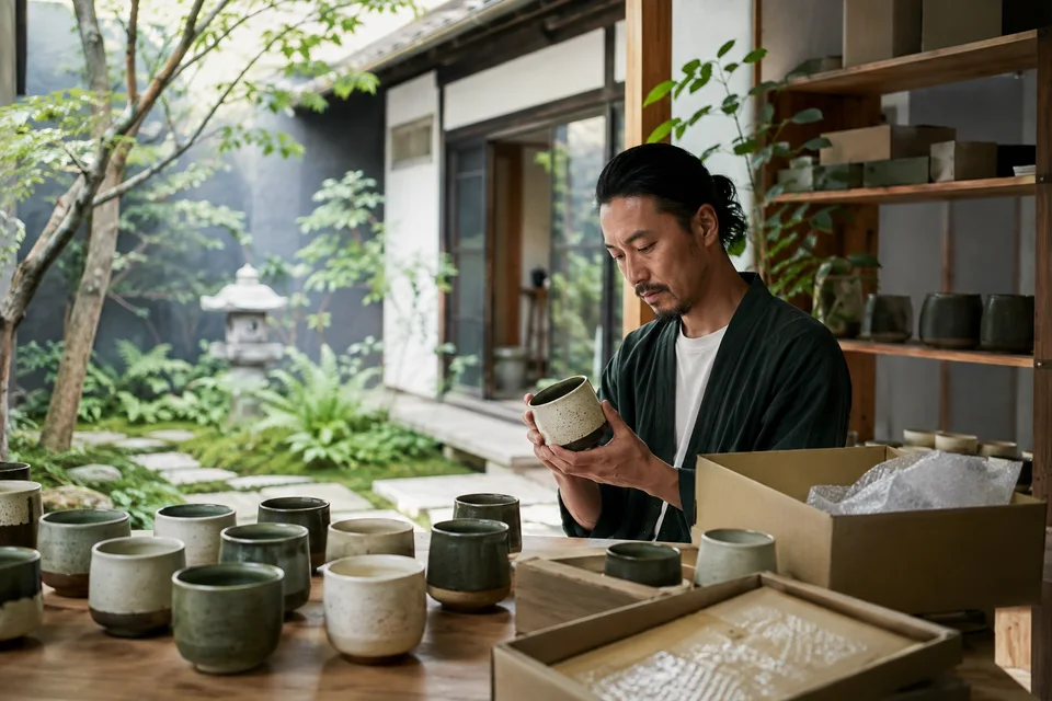Japanese ceramic artisan checking products beside a contemporary packing station