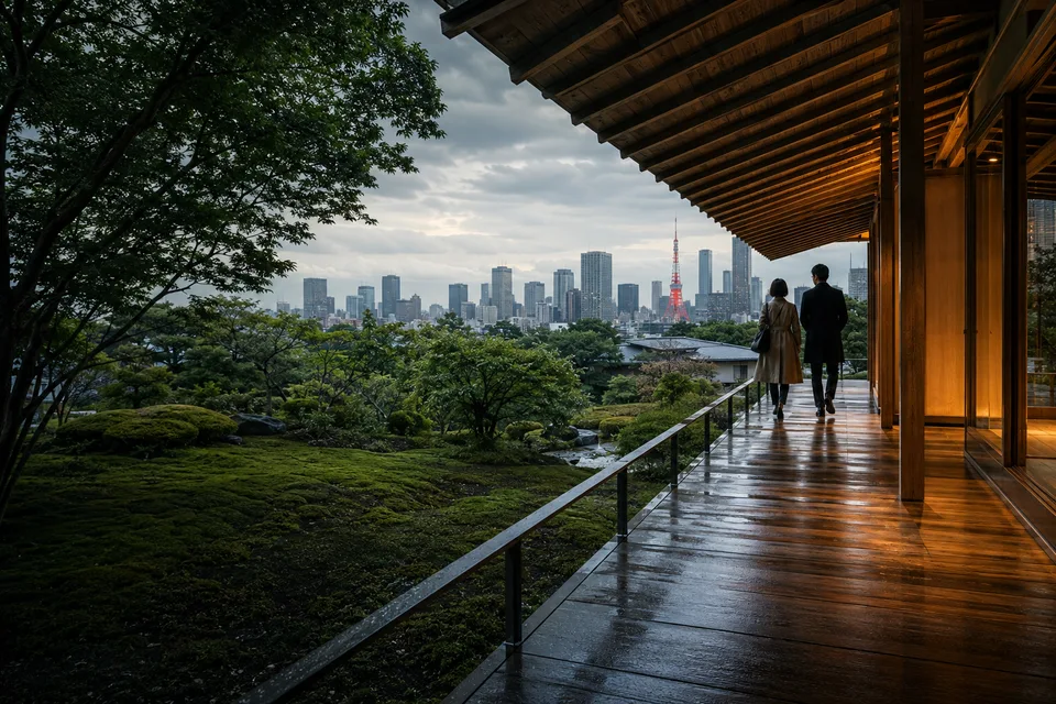 Imagined timber pavilion and moss garden overlooking Tokyo, with visitors walking through the landscape