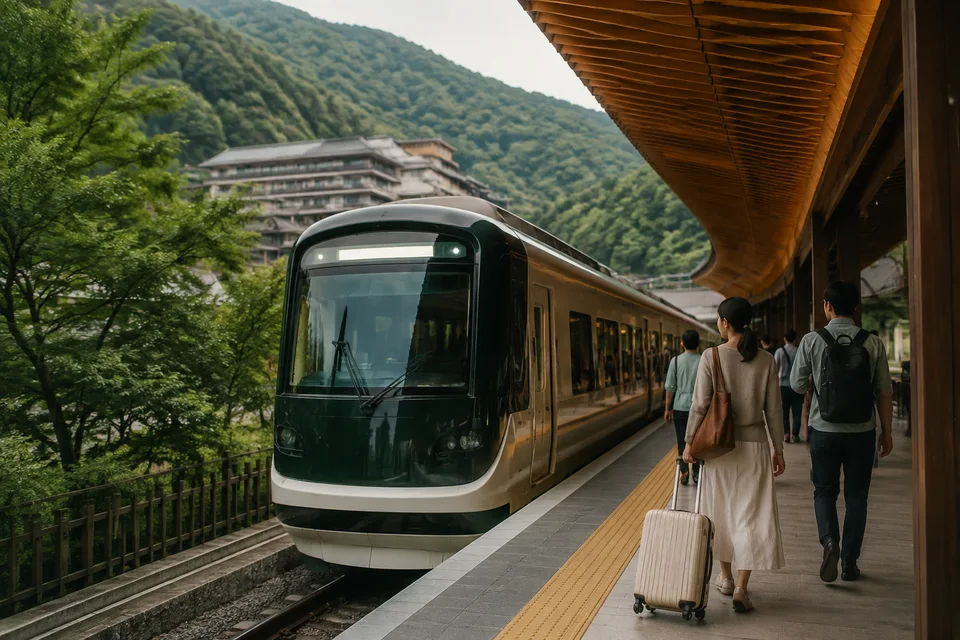 Travellers at a contemporary Japanese train station with wooded hills beyond