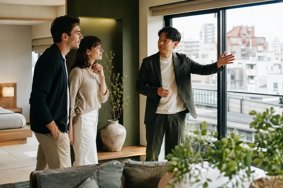 Illustration of a Japanese property specialist showing an apartment to international visitors