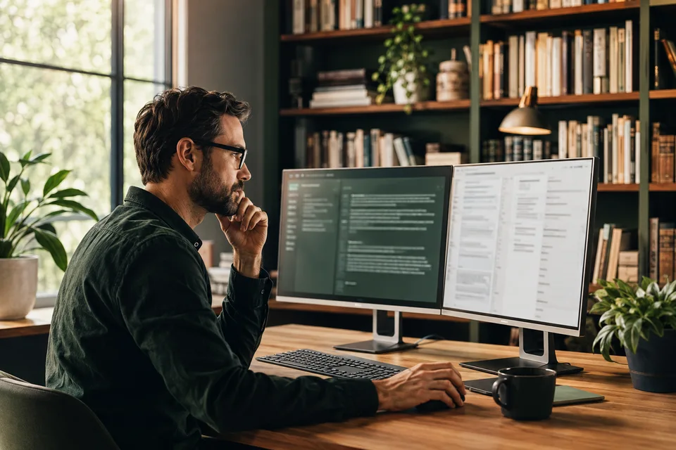 Researcher and engineer reviewing an AI answer interface and its source material