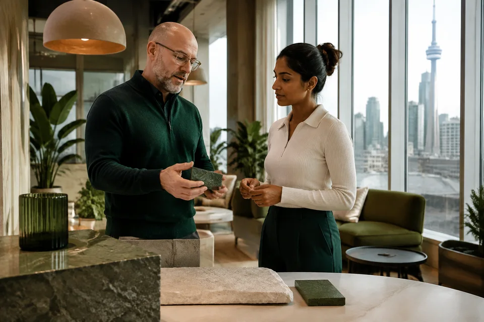 Business buyers comparing a specialist product in a contemporary Toronto showroom