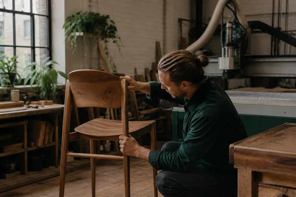 Furniture maker examining a timber chair beside modern workshop equipment
