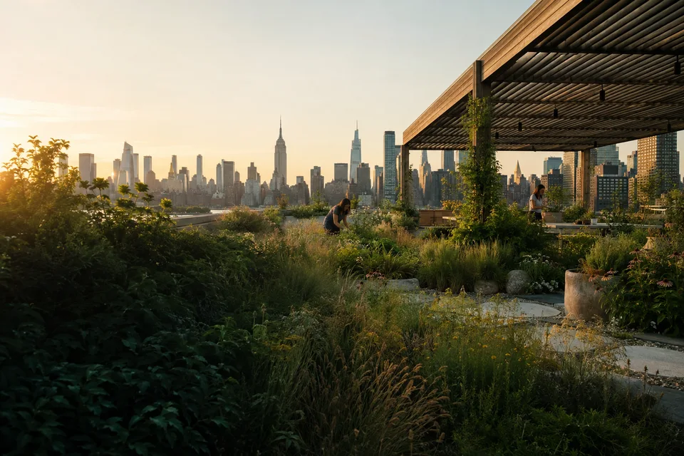Imagined New York rooftop meadow garden with people, timber architecture and a layered Manhattan skyline