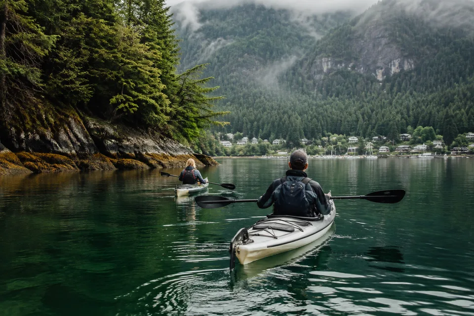 Kayakers on a British Columbia inlet bordered by temperate rainforest
