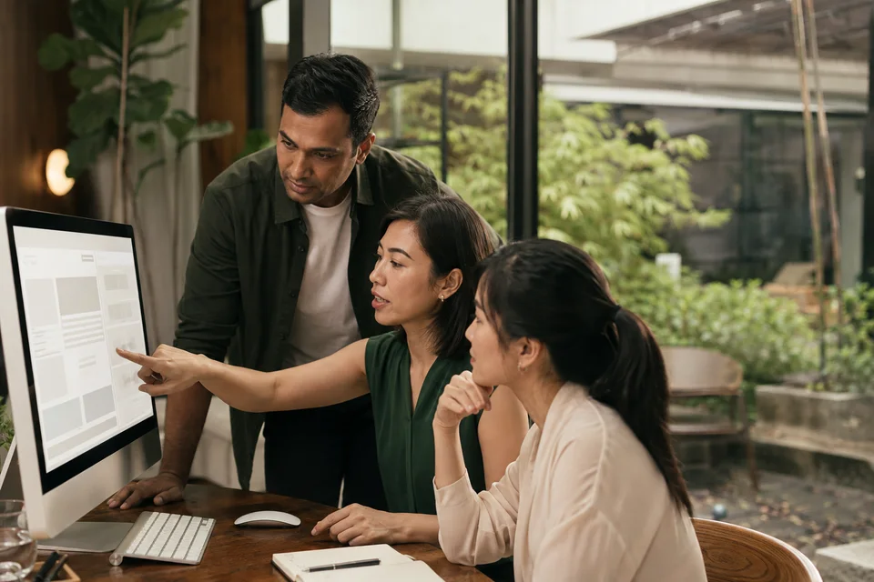 An editorial and technology team reviewing content together in a planted Singapore workspace