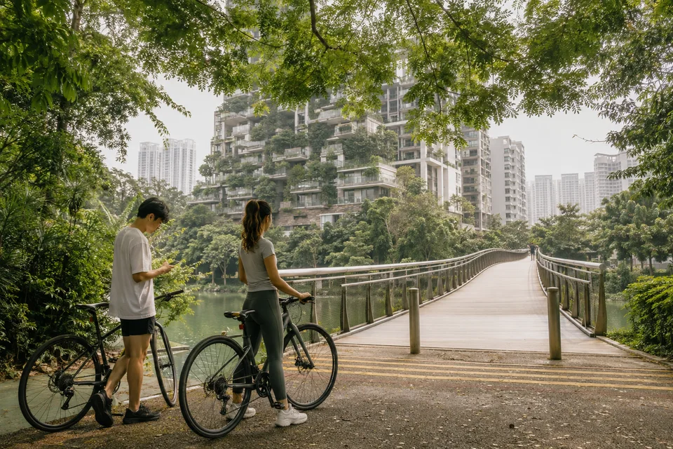 People cycling through a green Singapore park connector beside contemporary architecture