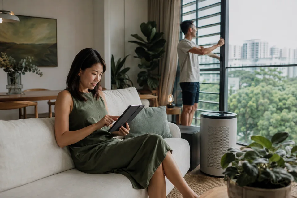 Illustration of a Singapore household researching home appliances in a light-filled apartment