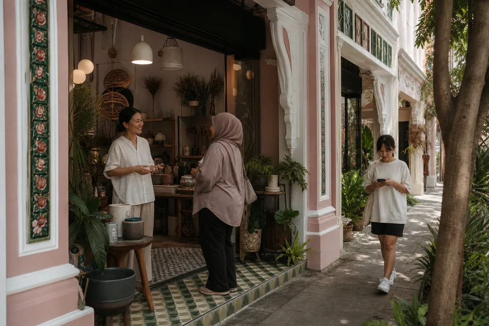 A shopkeeper and customer at a Singapore shophouse lifestyle store