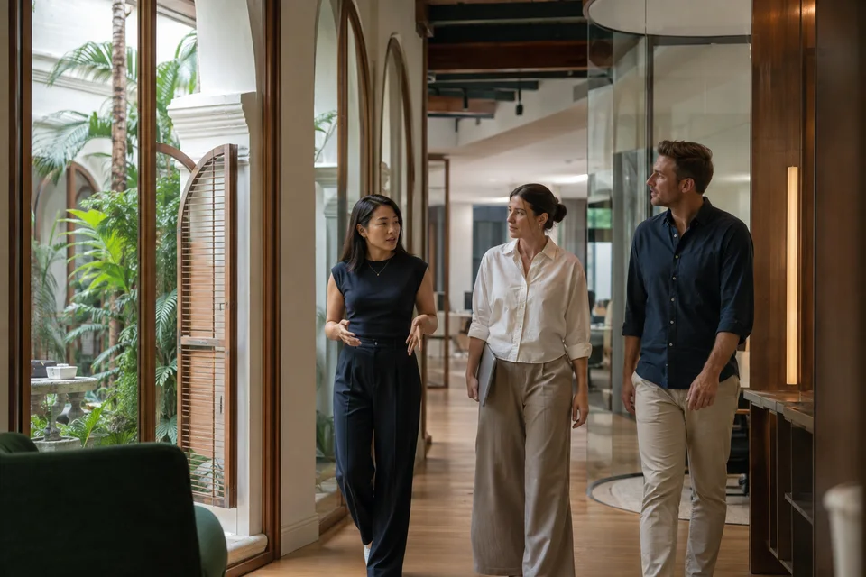 Illustration of a designer showing international visitors a Singapore workspace