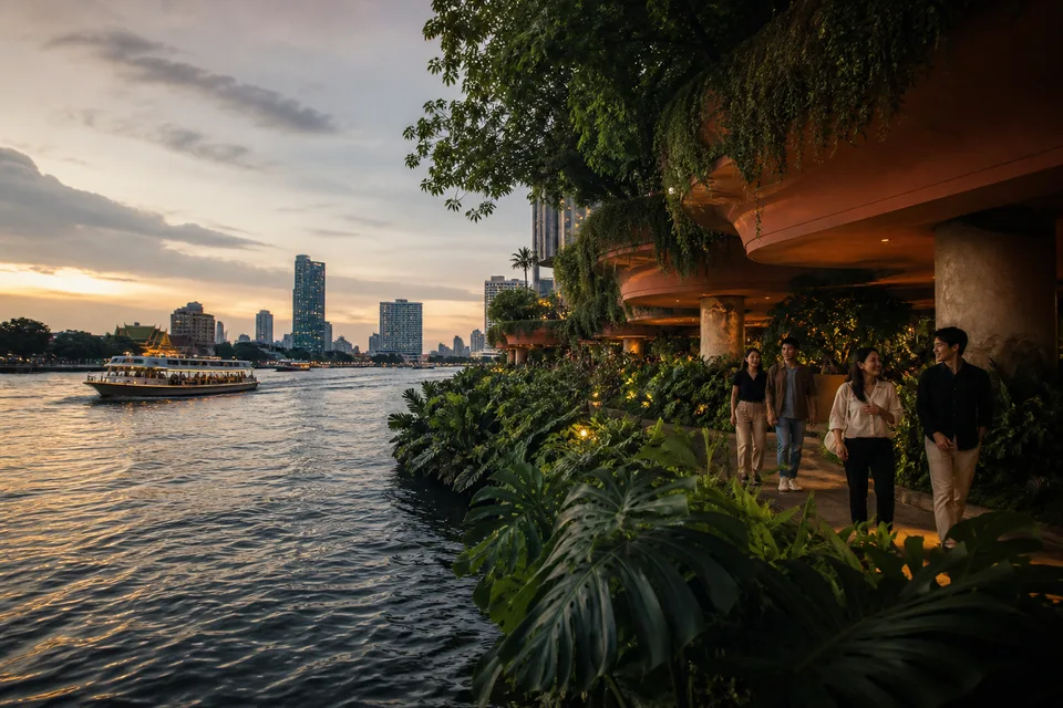 Imagined planted Bangkok riverside terrace with people, contemporary architecture and a ferry at dusk