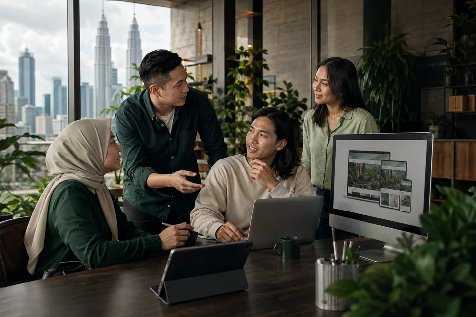Multicultural Malaysian creative team discussing a website in a Kuala Lumpur studio