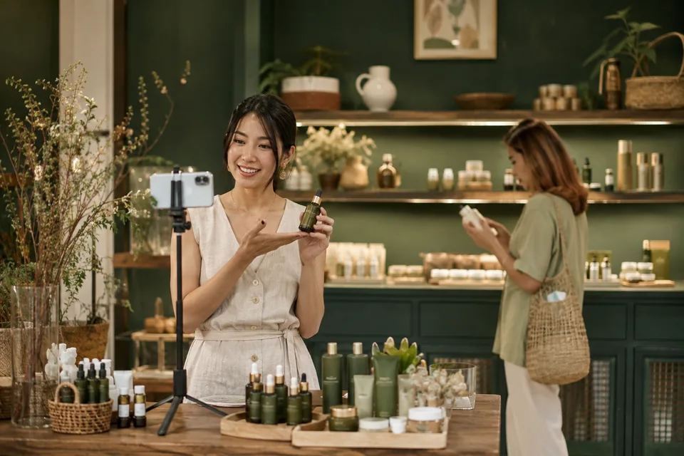 Thai retail owner filming a smartphone product demonstration in a Bangkok lifestyle shop