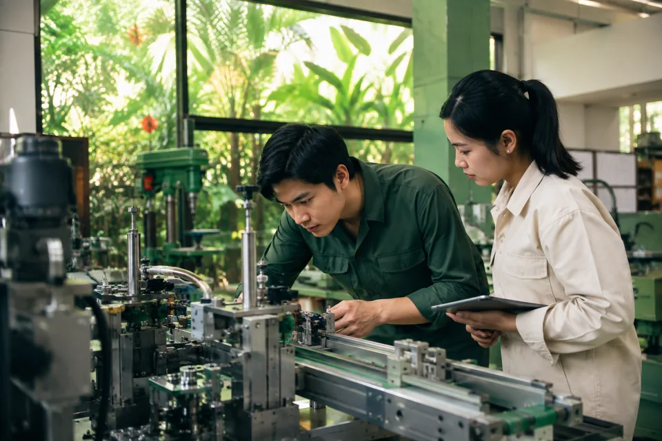 Vietnamese manufacturing engineers inspecting a small production line