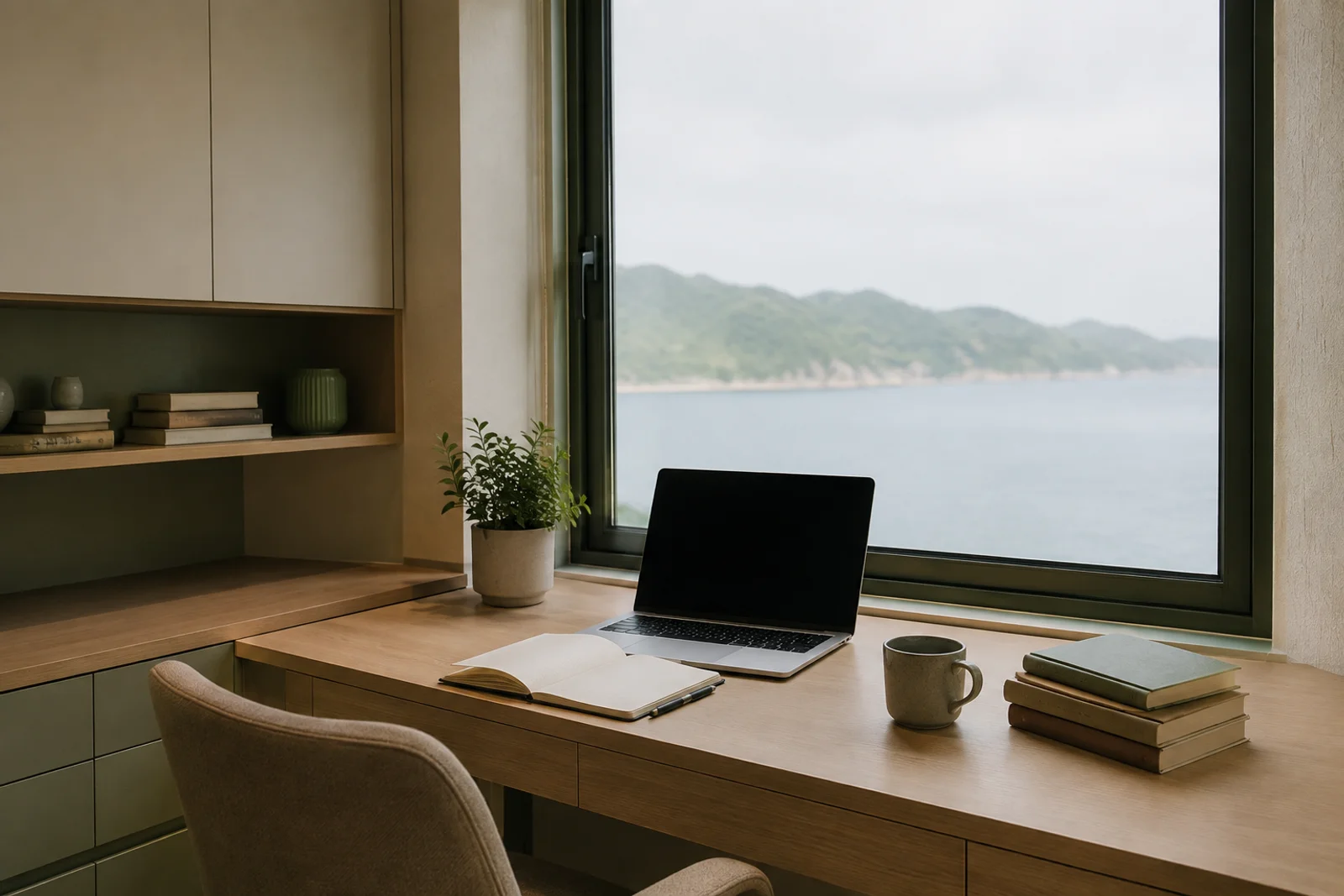 Desk by a window looking out over a calm sea, with a laptop, notebooks and a cup